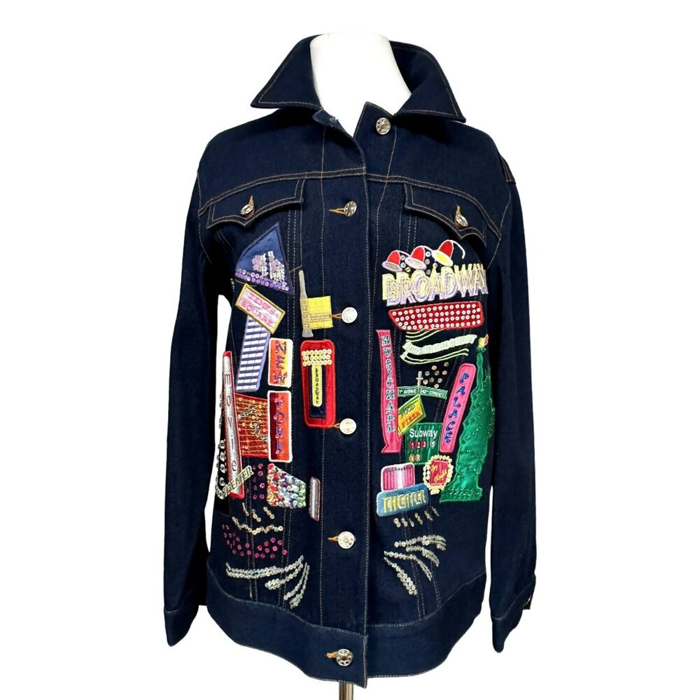 Diane's Essentials Women's New York Theme Beaded Embellished Denim Jacket Sz S